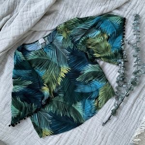 Cupio Flared Sleeve Leaf Print Shirt with Pom Trim Size M